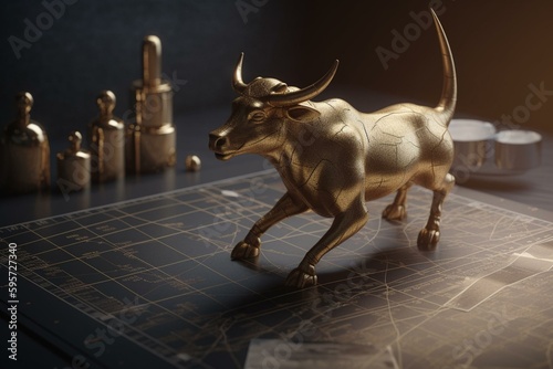 3D render of a golden bull and accompanying chart embodying business strategy. Generative AI