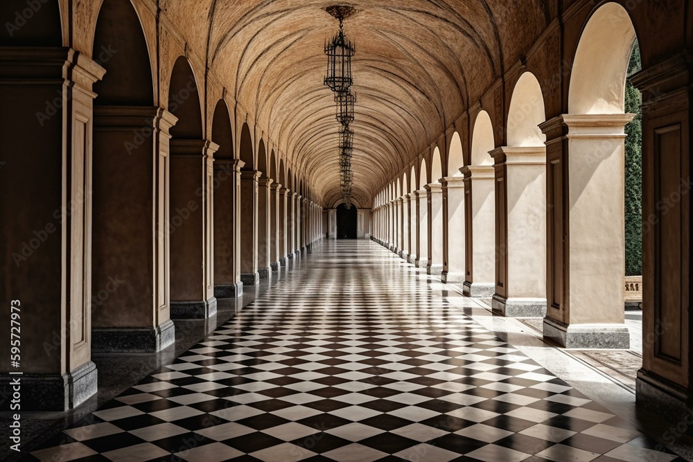 An extensive symmetrical outdoor corridor with columns and arches at the ancient Royal Palace of Aranjuez. Generative AI