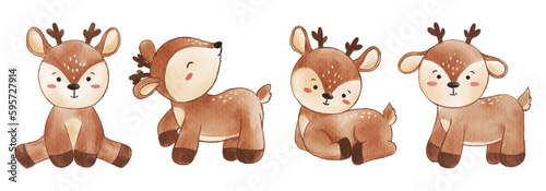 Deer . Watercolor painting design . Set of cute animal cartoon character . Vector .
