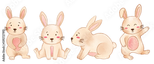 Rabbit . Watercolor painting design . Set of cute animal cartoon character . Vector .
