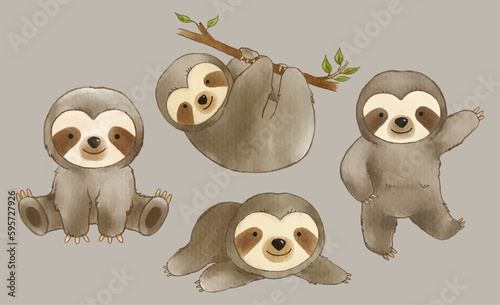 Sloth bear . Watercolor painting design . Set of cute animal cartoon character . Vector . © stockdevil