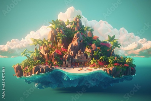 Vivid scene of a tropical island portrayed in low poly cartoon style. Generative AI