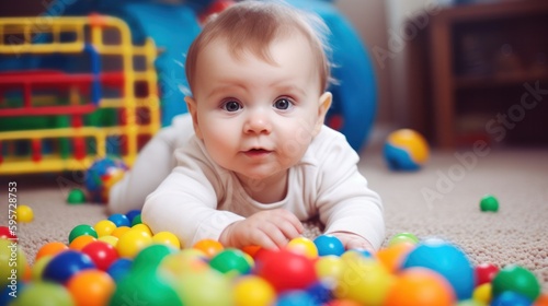 An emotional face of smiling baby playing in the balls. Generative AI.