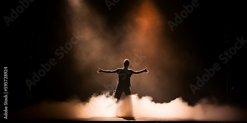 Artist on Stage enjoying  the Crowd. Silhouette of a Singer Musician Person on Concert. Flashlight, Smoke on Stage. Dramatic Music Performance Background. 