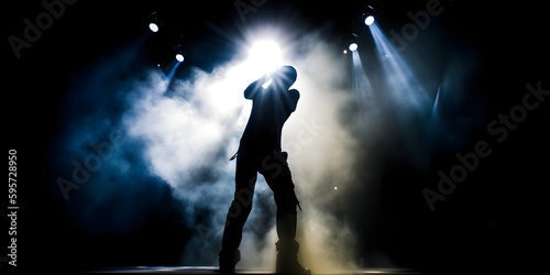 Silhouette of a Singer Musician Person on Concert. Flashlight, Smoke on Stage. Dramatic Music Performance Background. 
