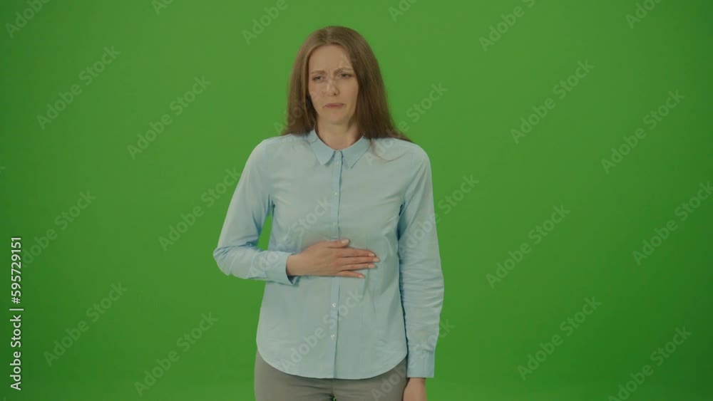 Green Screen. Chroma Key. Unhealthy Woman in Blue Shirt Feeling
