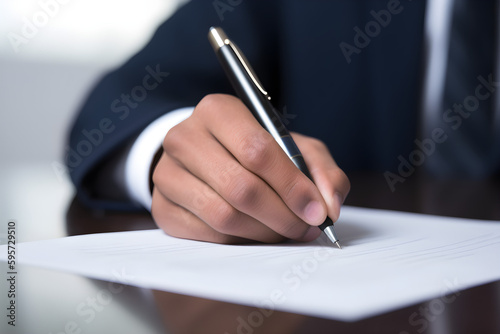 Businessman in blue suit signing a document. Generative AI.