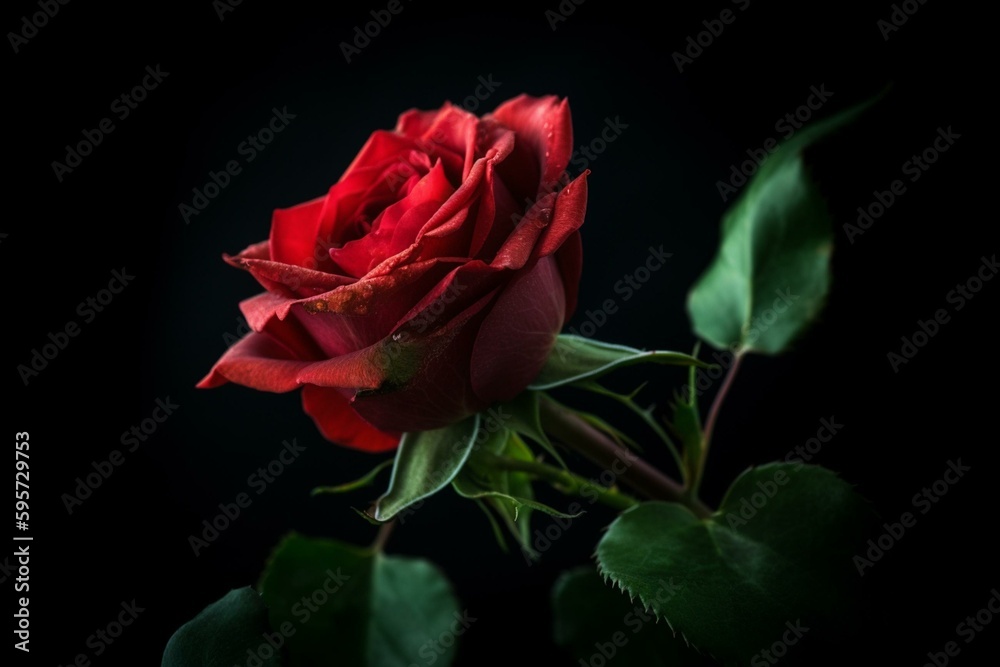 Red rose with green leaves on black background and green stem. Another black background with a single red rose in the center. Generative AI