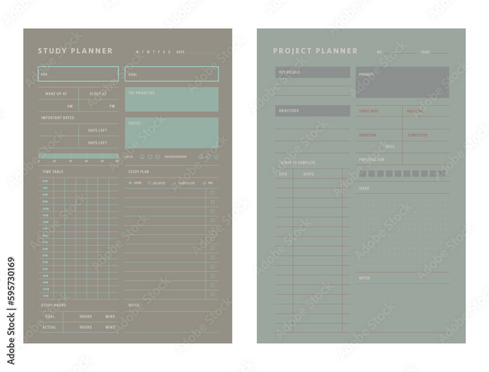 Study Planner and Project Planner. Vector Print template. Study Planner and Project Planner. Vector Print template.