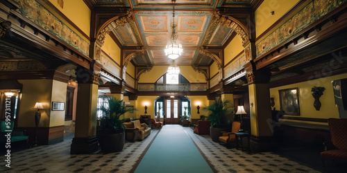 Elegant Historical Hotel Lobby: Vintage Architecture and Luxurious Interior Design - Grand Entrance, Classic Hospitality, Ornate Decor, Heritage Building, and Refined Travel Destination