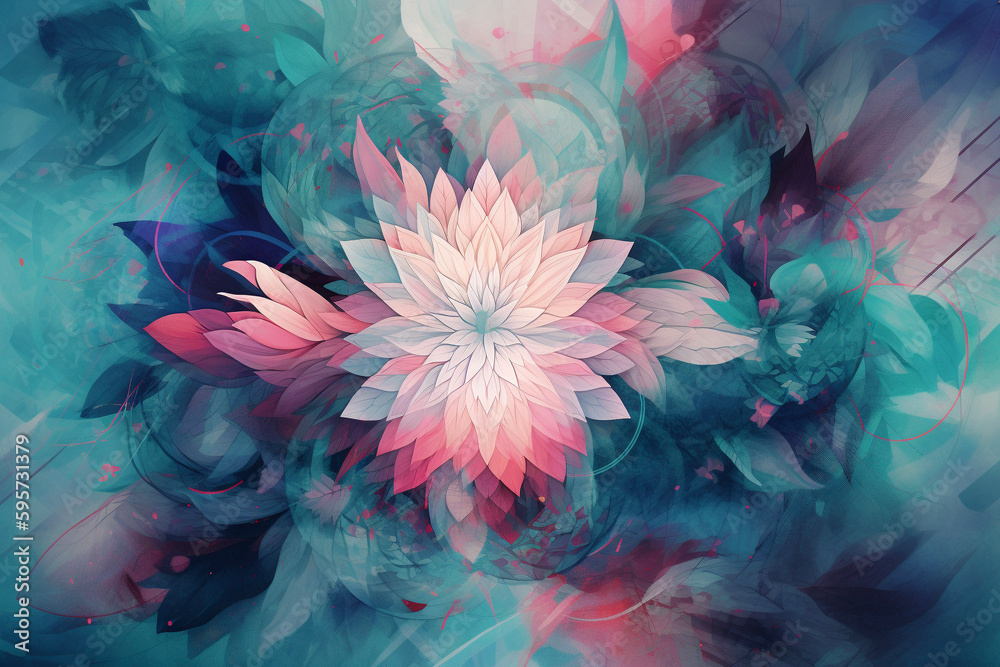 Pink and Blue Flowers Abstract Geometric Pattern Mandala Generative AI