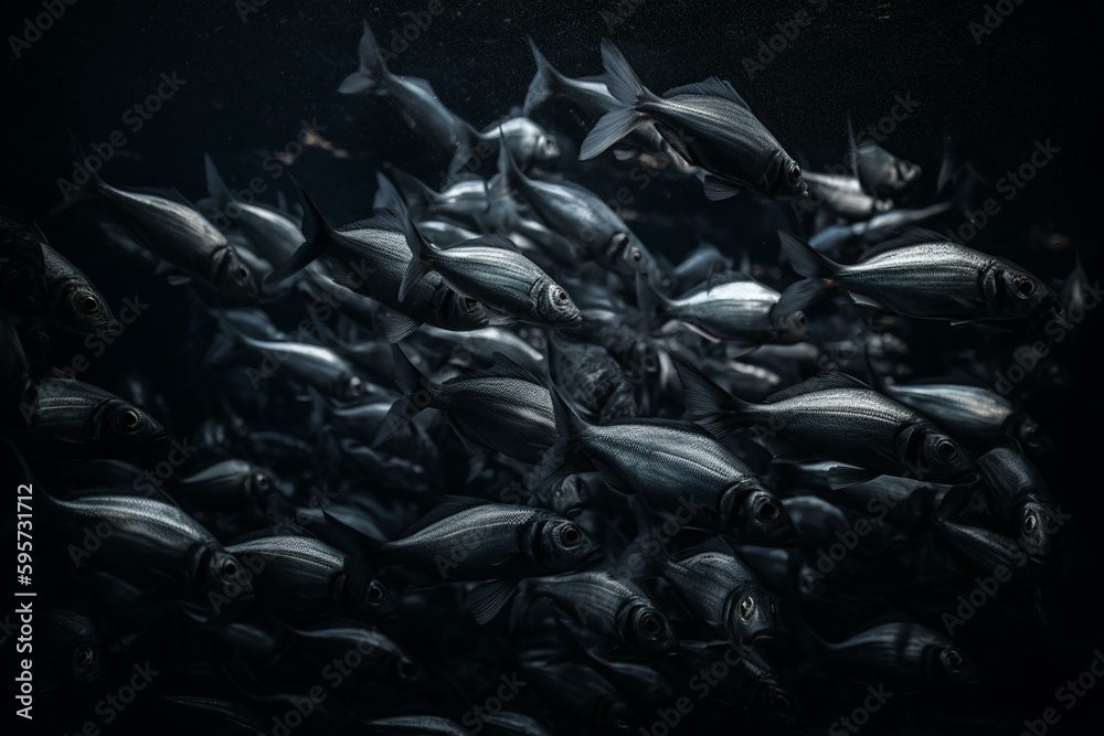 A school of fish swimming in unison with black background. Generative AI