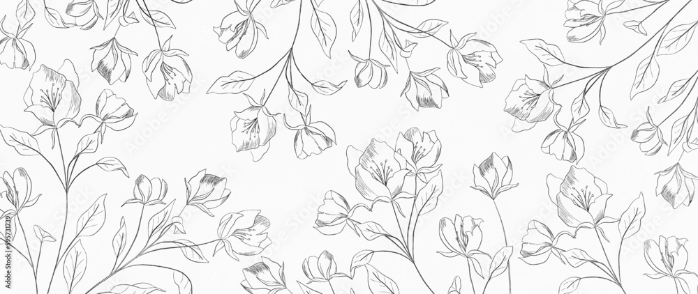 Abstract floral art vector background with flowers and leaves on a branch. Botanical hand drawn line art style design for decoration, print, wallpaper, textile, interior design, cover