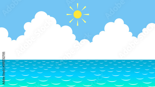 入道雲と太陽と青空と海のシンプルなイラスト背景素材

