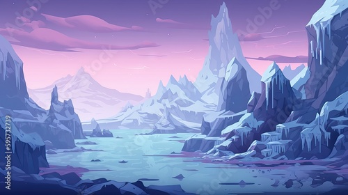 Beautiful illustration of polar landscape with purple sky and glacial ice, generative ai