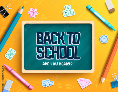 Back to school vector design. Back to school text in chalk board with student tools and items in background. Vector illustration education background.