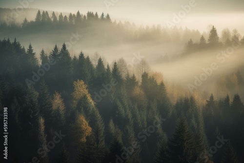 Foggy fir forest at sunrise with misty tones. Wallpaper design. Generative AI