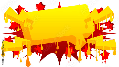 Yellow and red Speech Bubble Graffiti Background. Urban painting style backdrop with stars and other elmements. Abstract discussion symbol in modern dirty street art decoration.