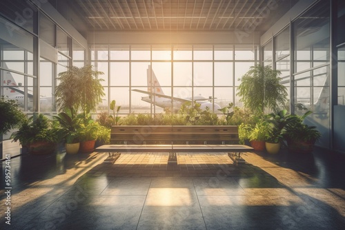 A creative airport waiting area with reflections  plants  benches and an aircraft view. 3D rendered with natural light. Generative AI