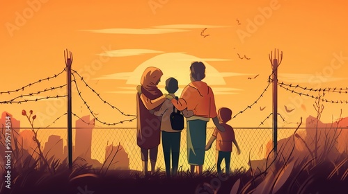 World Refugee Day, illustration of a family against the fence in sunset, Generative Ai
