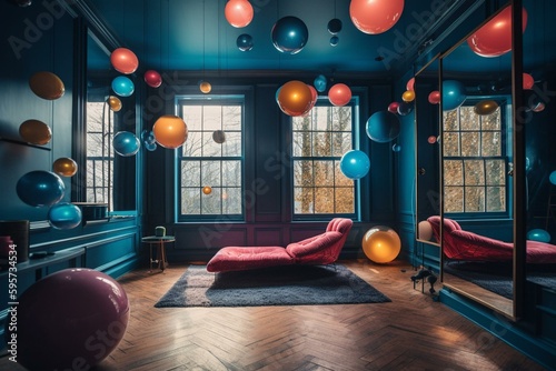 Obraz na plátně Vibrant room with playful orbs and mirrors reflecting windows