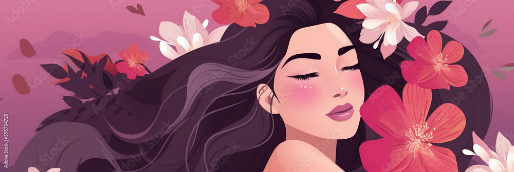Beautiful woman face and flowers, Illustration for international women's day, Celebration banner template design, Generative AI Beautiful woman face and flowers, Illustration for international women's day, Celebration banner template design, Generative AI