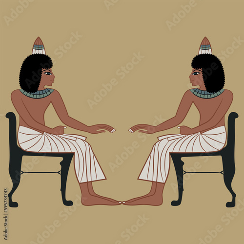 Symmetrical ethnic design with two ancient Egyptian young men sitting in chairs.