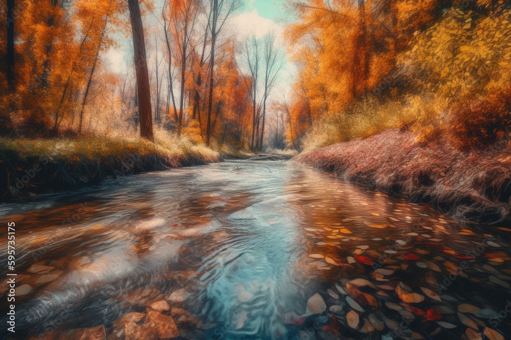 Colorful oil painting of a river flowing through a bright autumn forest in daylight. Generative AI