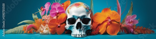 Decorative skull with flowers on bright colourful background. Painted human skulls and flowers on azzure blue background. Cinco de Mayo, 5 May,Day of the Dead, Dia de los Muertos, theme.Generative AI photo