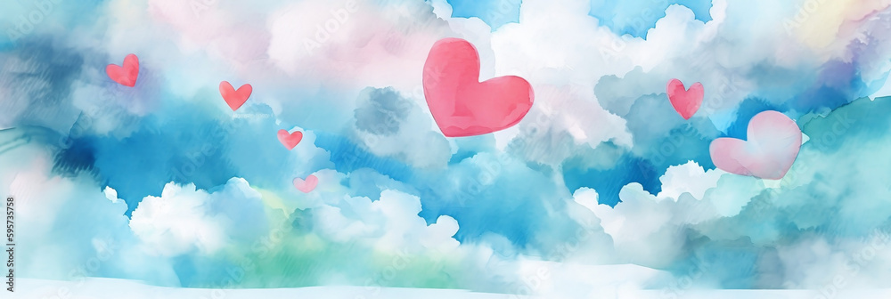 Clouds in a shape of heart floating in the sky, abstract happy love themed background, watercolor painting, Generative AI
