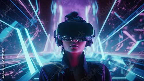 woman in VR glasses in neon space, digital art illustration, Generative AI