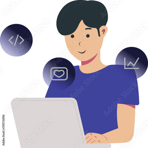 Illustration of man working on laptop, interact with laptop, doing work, a professional worker, research