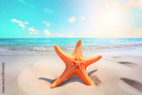 a starfish on a sandy beach with the ocean in the background. Created with Generative AI Technology © dewaai