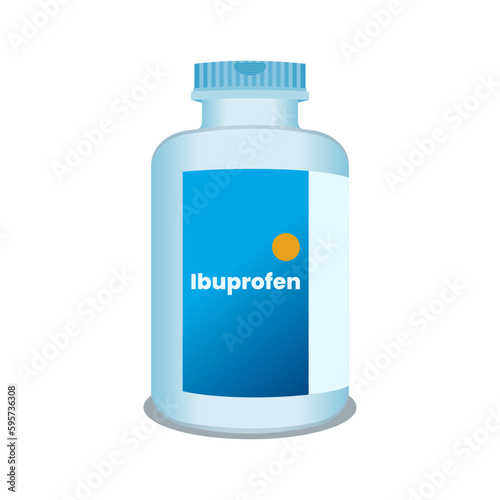 Ibuprofen tablets medicine bottle in trendy realistic 3d vector illustration. Ibuprofen over-the-counter medicine illnesses virus sore throat relief Non Steroidal. Editable graphic resources for you.