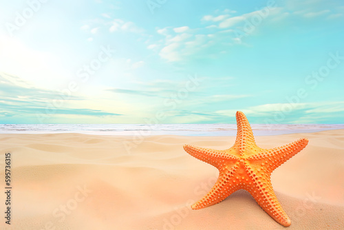 a starfish on a sandy beach with the ocean in the background. Created with Generative AI Technology