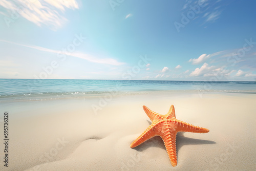 a starfish on a sandy beach with the ocean in the background. Created with Generative AI Technology © dewaai