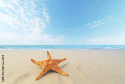 a starfish on a sandy beach with the ocean in the background. Created with Generative AI Technology