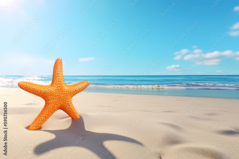 a starfish on a sandy beach with the ocean in the background. Created with Generative AI Technology