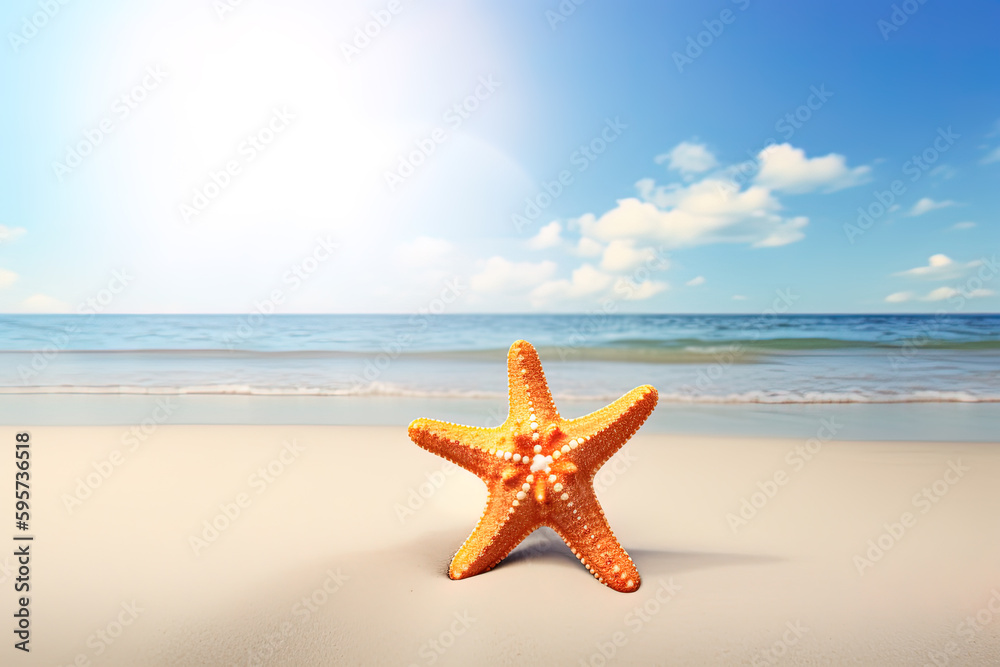 a starfish on a sandy beach with the ocean in the background. Created with Generative AI Technology a starfish on a sandy beach with the ocean in the background. Created with Generative AI Technology