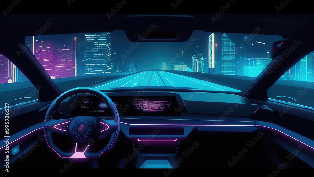 Car drive night road to city cartoon illustration. Cockpit inside view interior with dashboard. Street neon light in futuristic downtown architecture. Empty unmanned vehicle navigation. Genrative ai