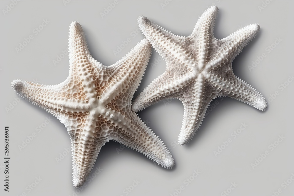 There are two distinct varieties of white starfish that have been separated on a white backdrop.