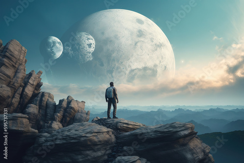 A man stands on the cliff and watches the background of the desert and universe planets surrounded by mountains