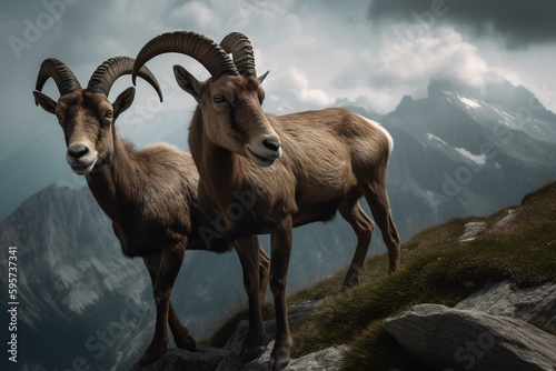 Pair of Alpine ibex. Generative AI