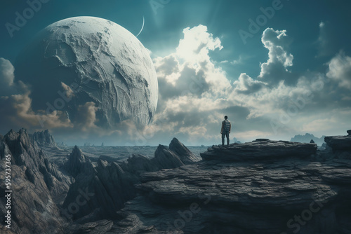 A man stands on the cliff and watches the background of the desert and universe planets surrounded by mountains