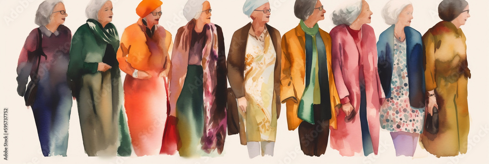 Group of middle,aged women with different clothing colors, colorful watercolor, Generative AI