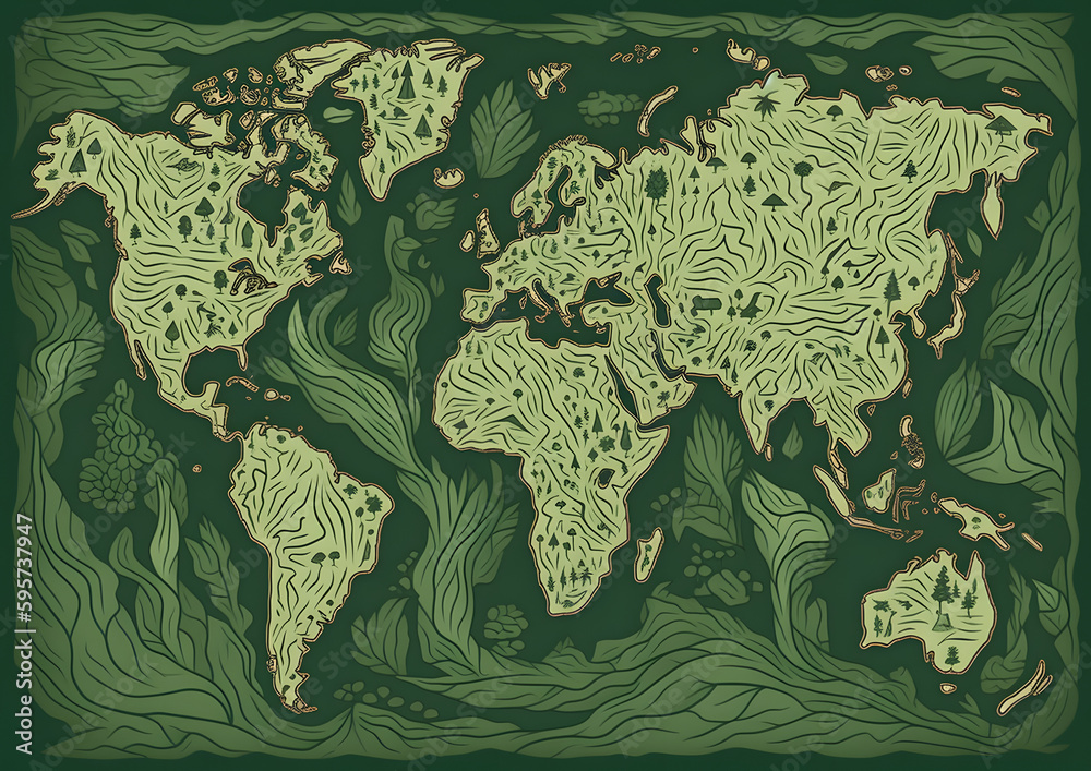 Naklejka premium A green world map with trees on it, Generative Ai