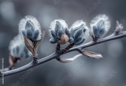 Branch of a willow tree with small buds on it. , Generative Ai
