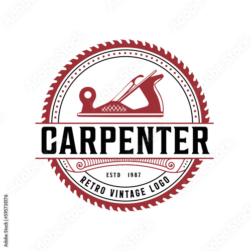 Carpentry Logo Design and Vector  Illustration, Line Art, Hammer Steel Saws Carpenter logo, badge logo with a metal nail, hammer, window, and roof design with vintage retro style