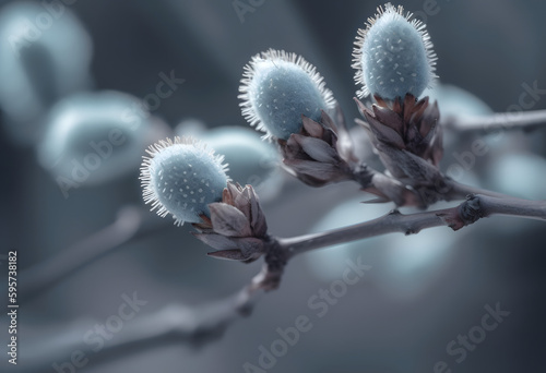 Branch of a willow tree with small buds on it. , Generative Ai