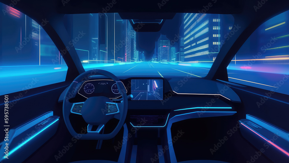 Car drive night road to city cartoon illustration. Cockpit inside view interior with dashboard. Street neon light in futuristic downtown architecture. Empty unmanned vehicle navigation. Genrative ai